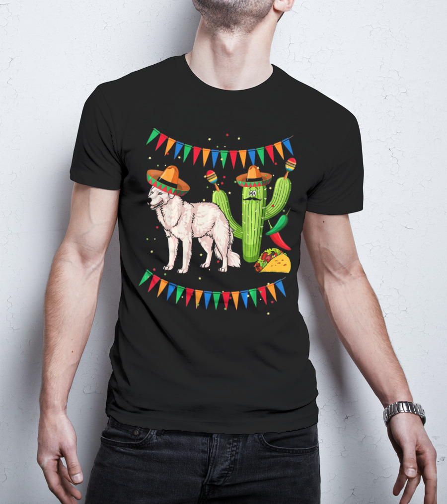 Sombrero Kuvasz Dog Mexican Fiesta With Cactus And Taco Cinco De Mayo T-Shirt