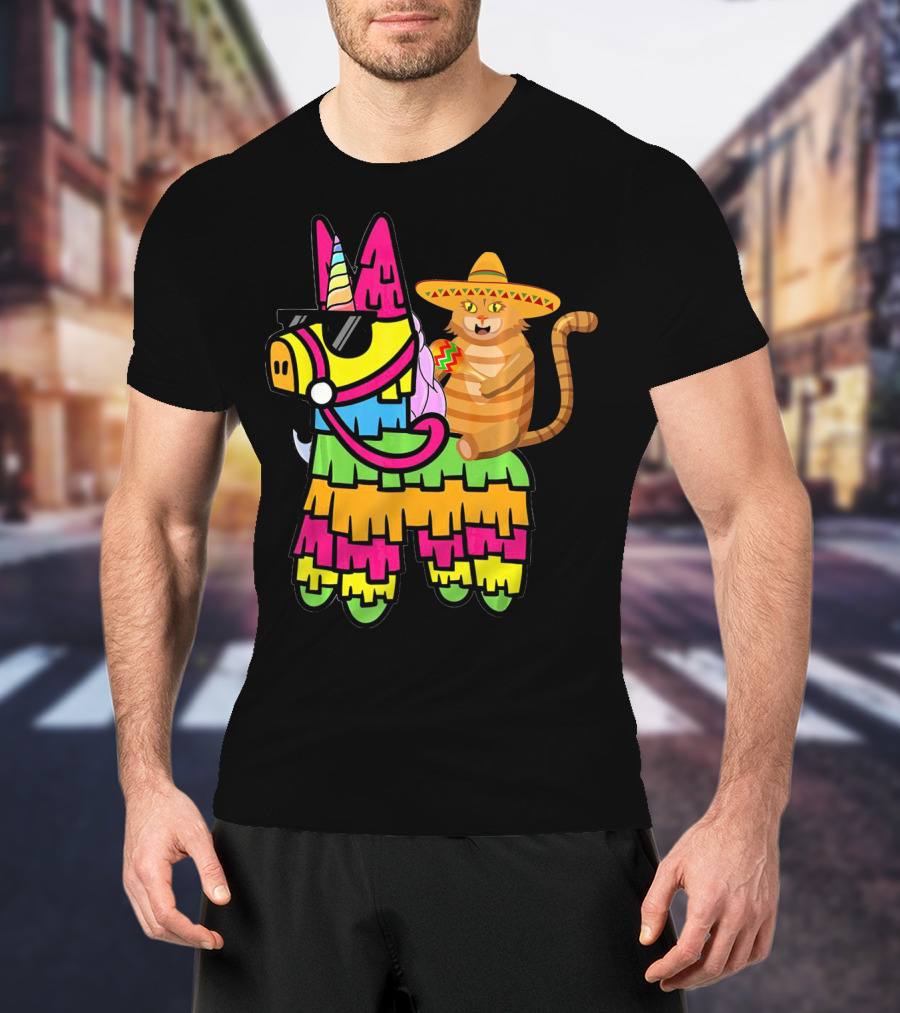 Cinco De Mayo Sombrero Cat On Colorful Pinata With Unicorn And Sunglasses T-Shirt