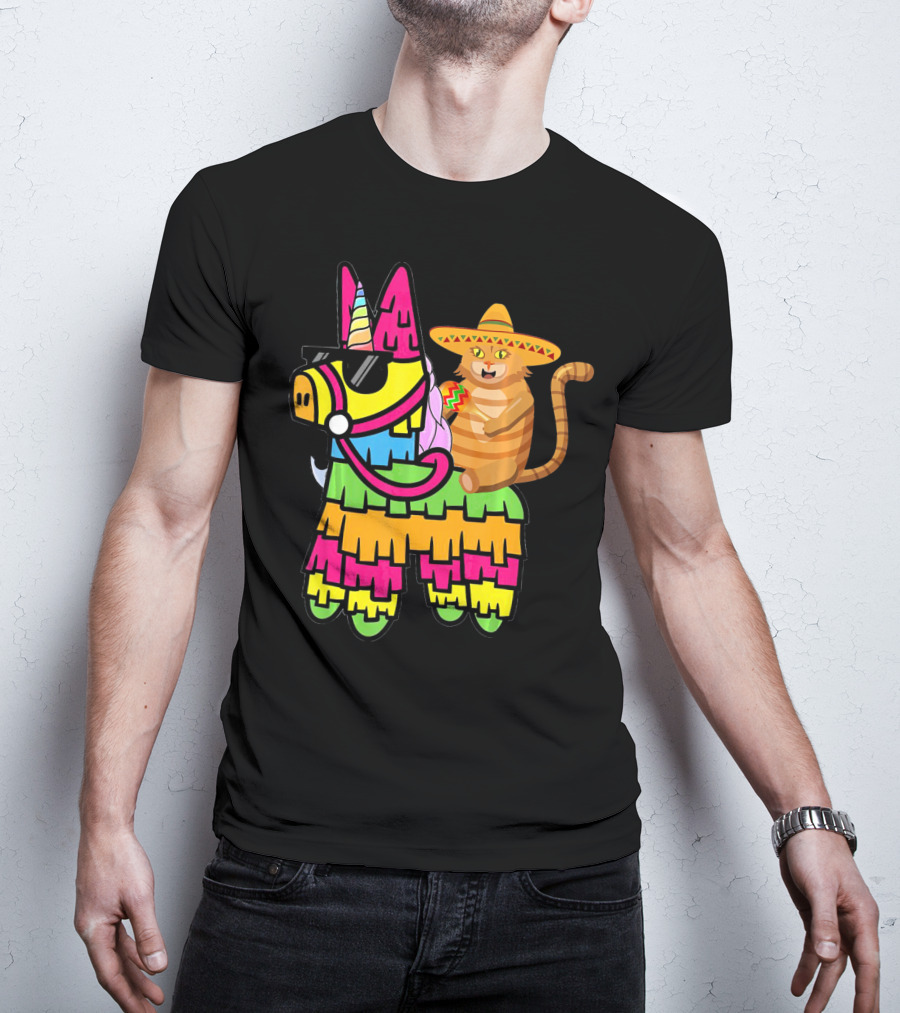 Cinco De Mayo Sombrero Cat On Colorful Pinata With Unicorn And Sunglasses T-Shirt