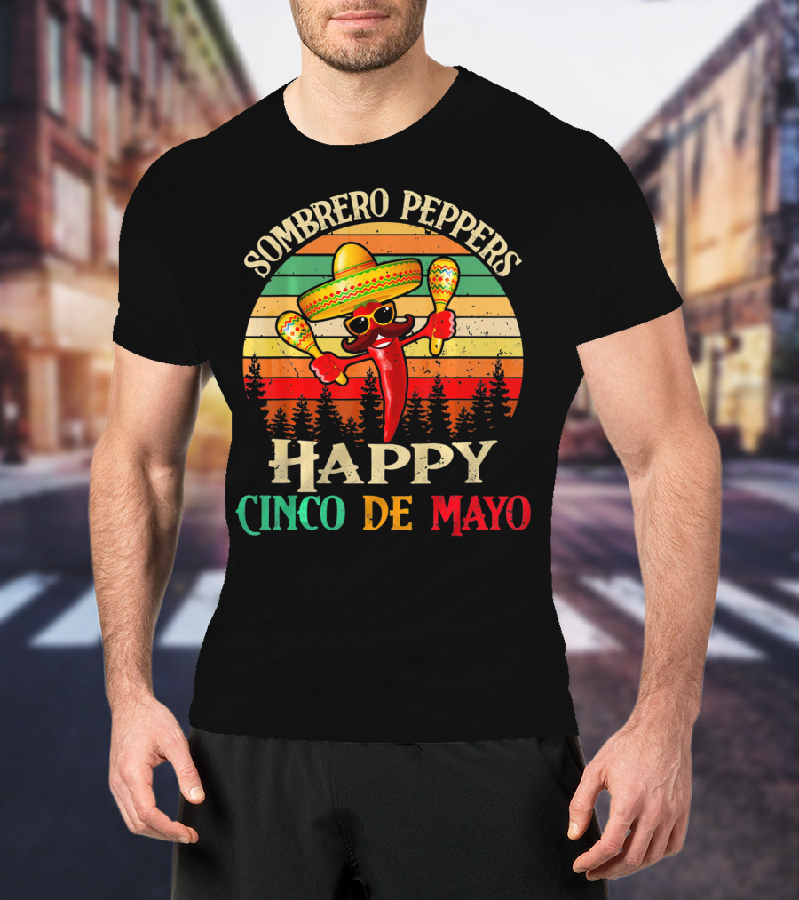 Sombrero Peppers Happy Cinco De Mayo Vintage Sunset T-Shirt