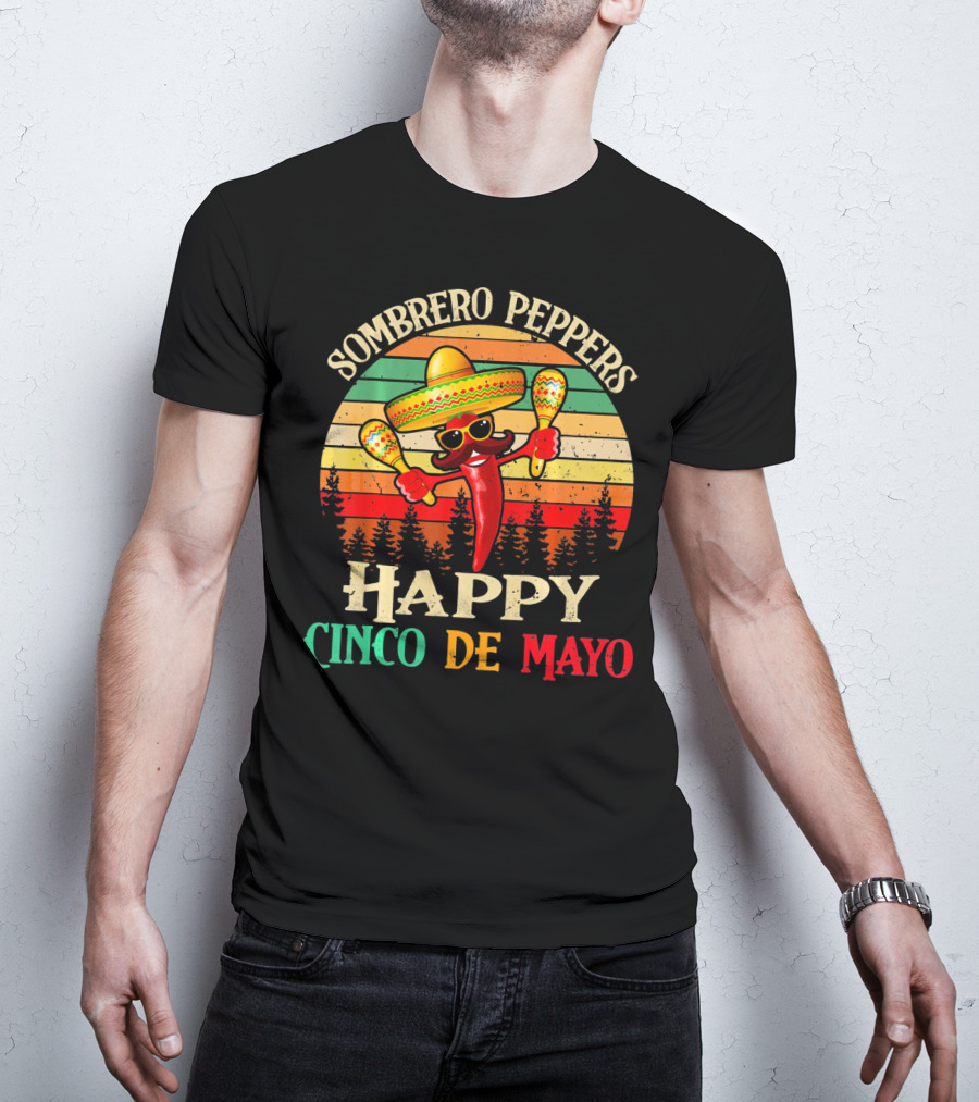 Sombrero Peppers Happy Cinco De Mayo Vintage Sunset T-Shirt
