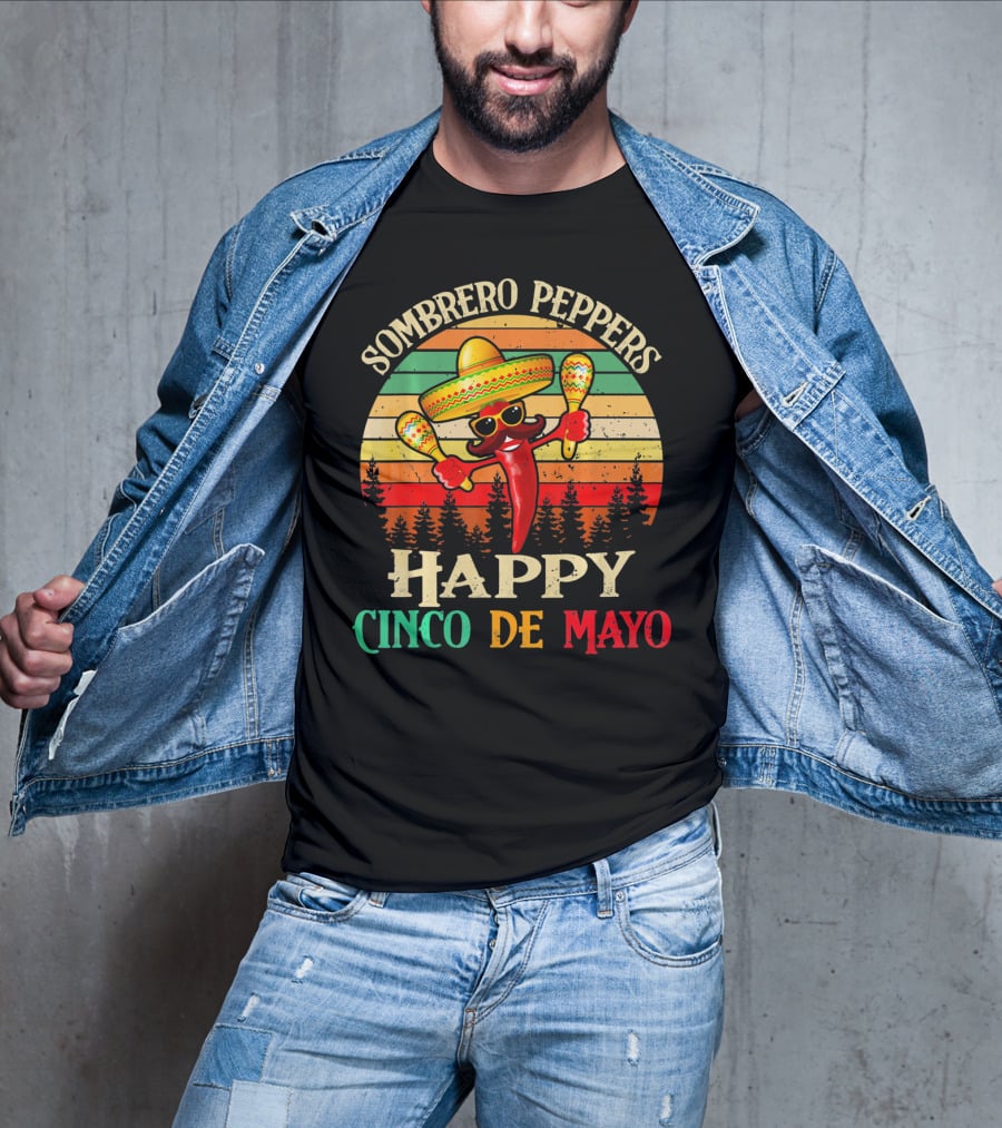 Sombrero Peppers Happy Cinco De Mayo Vintage Sunset T-Shirt