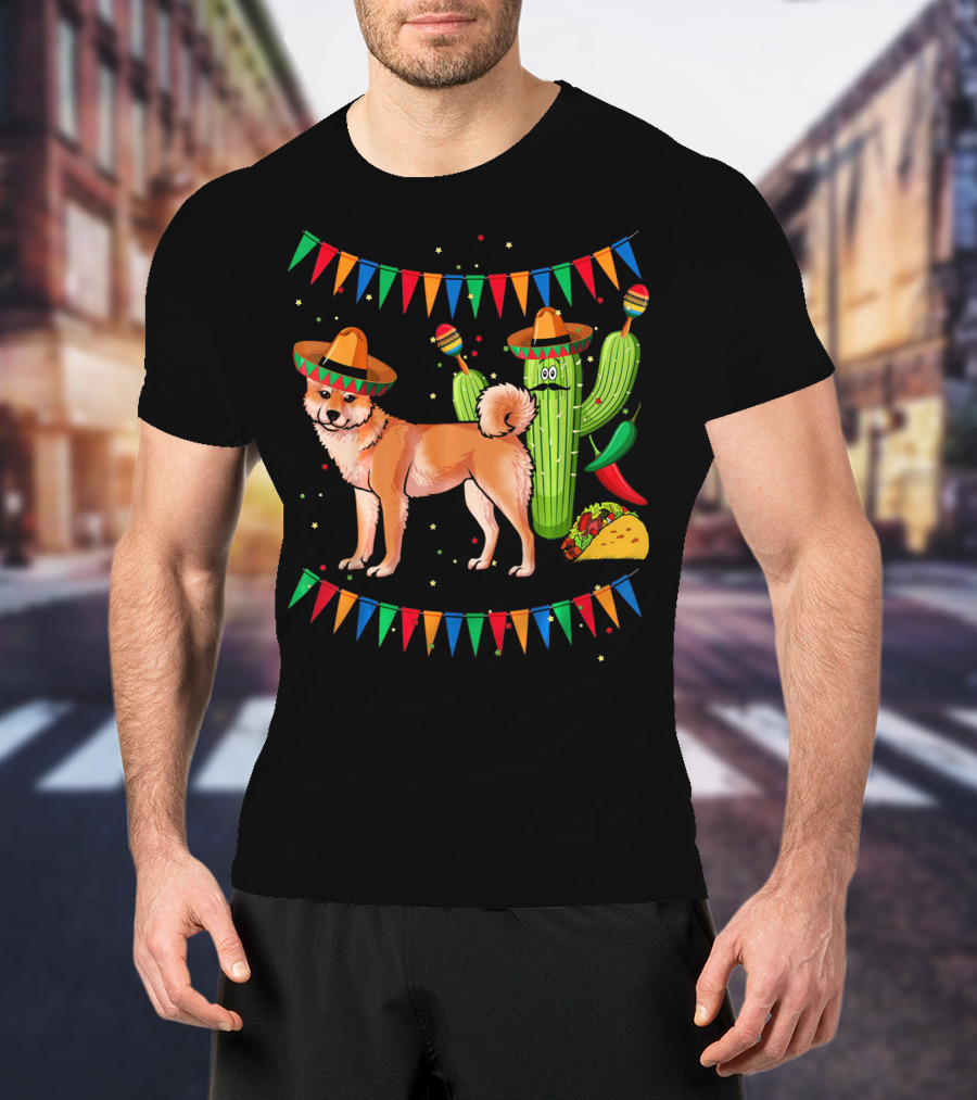Sombrero Shiba Inu Dog Mexico Cinco De Mayo Celebration With Cactus And Taco T-Shirt
