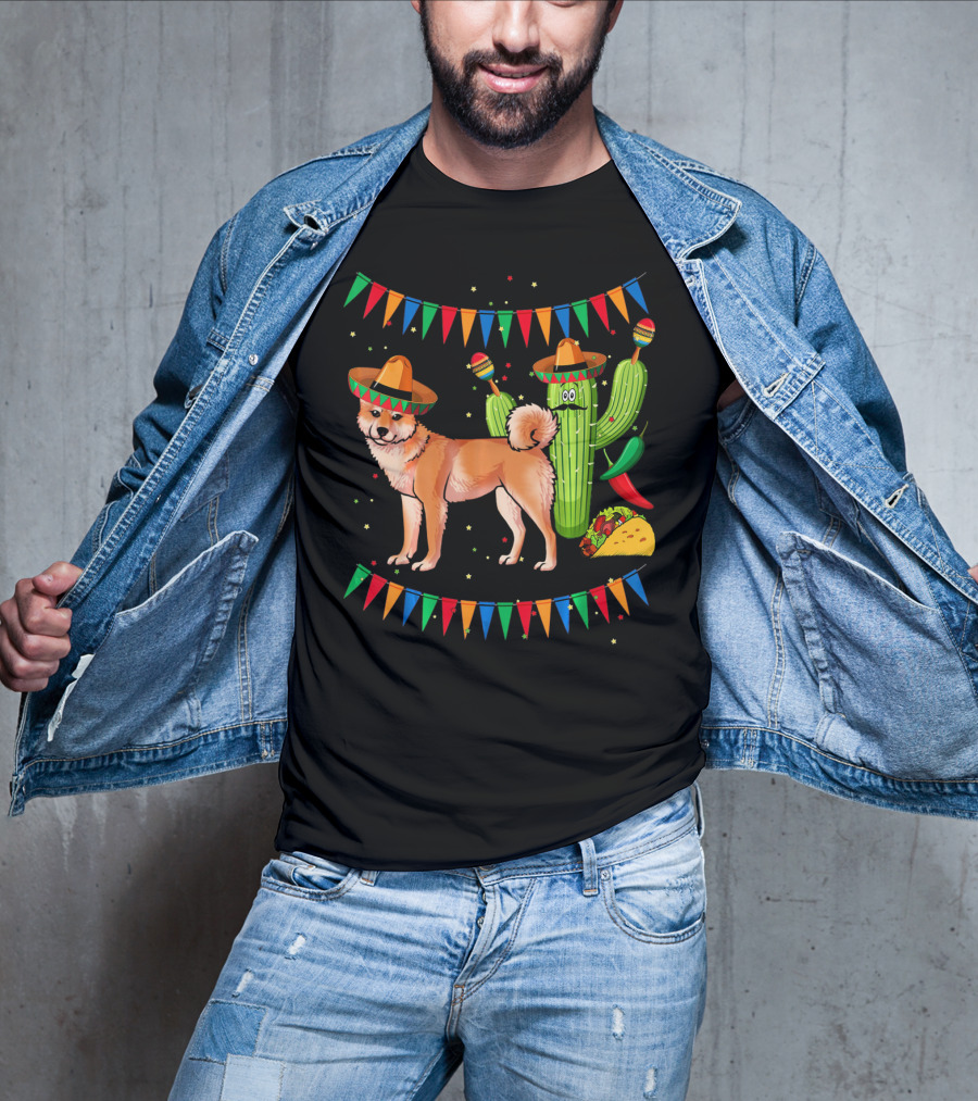 Sombrero Shiba Inu Dog Mexico Cinco De Mayo Celebration With Cactus And Taco T-Shirt