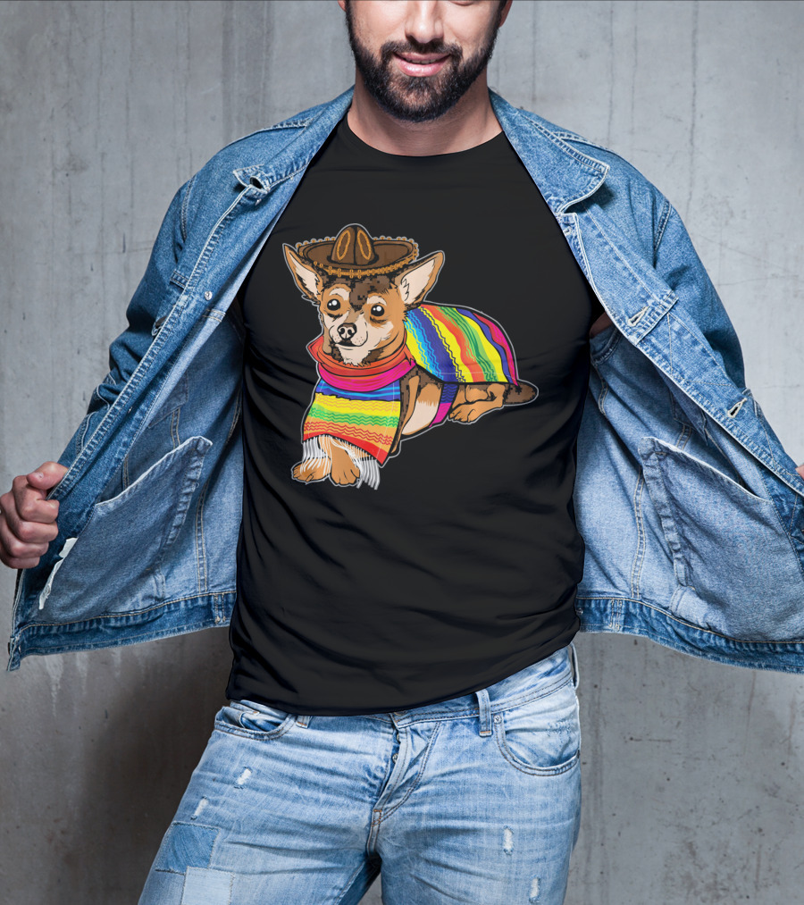 Cute Dog Chihuahua Chiweenie Mexico Sombrero Rainbow Poncho Cinc T-Shirt
