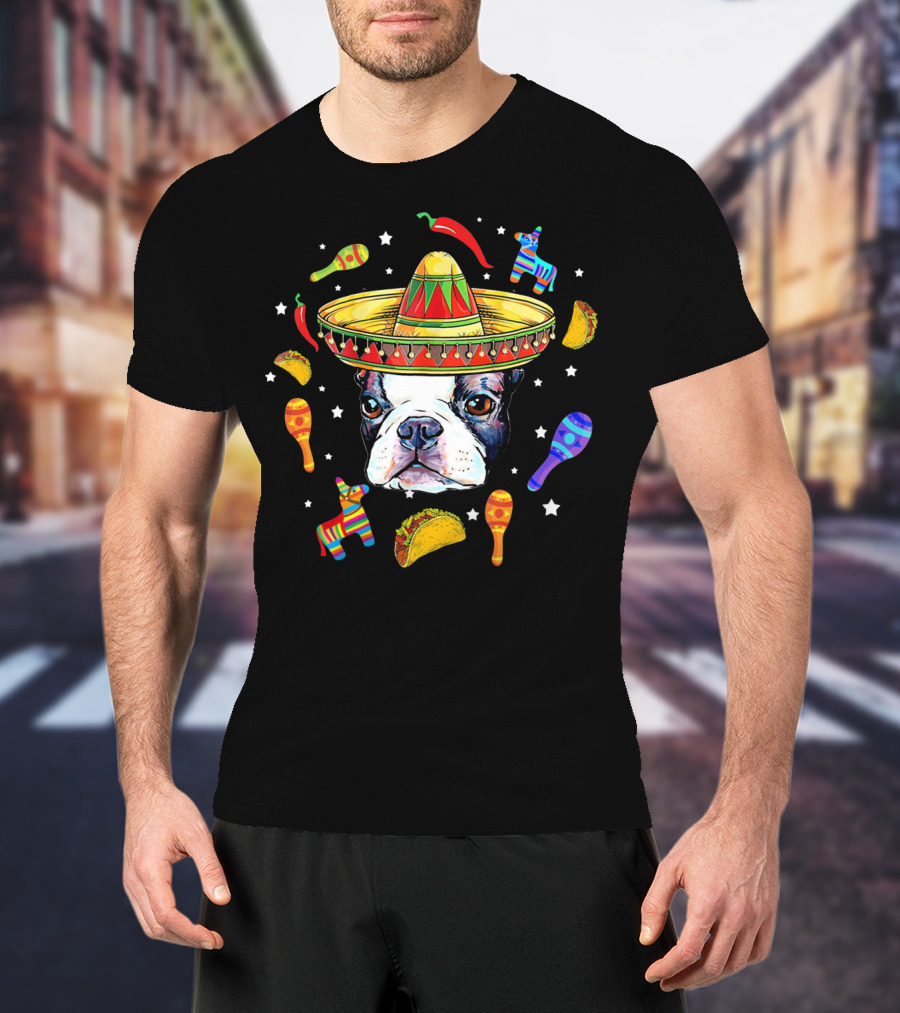 Cinco De Mayo Boston Terrier Sombrero Taco Fiesta T-Shirt