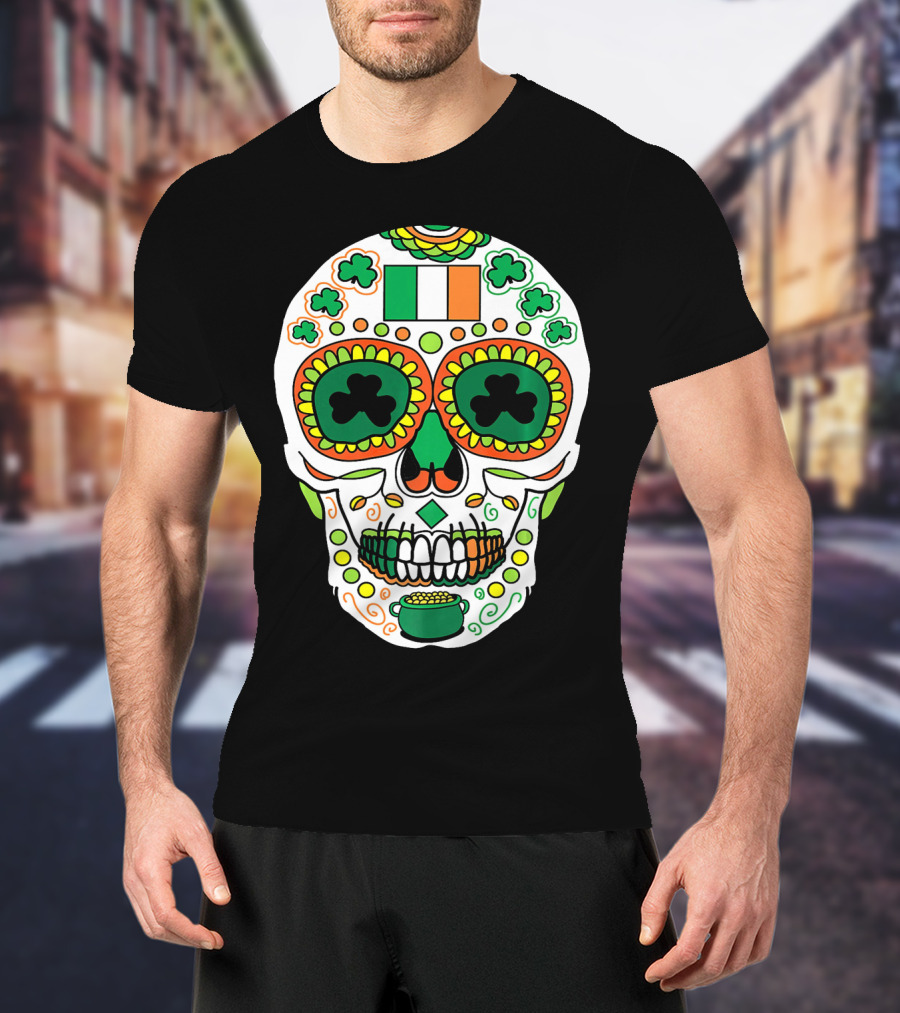 St Paddys Day Irish Flag Shamrock Sugar Skull Cinco De T-Shirt