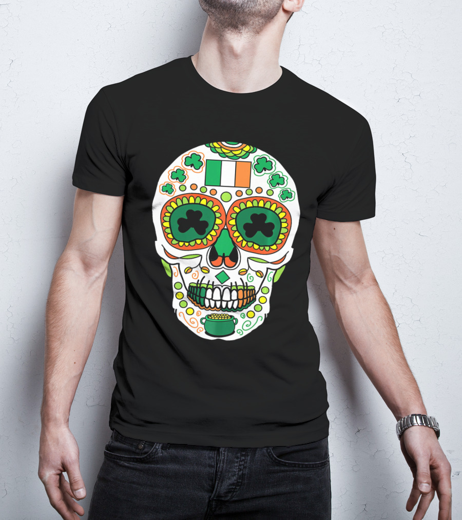 St Paddys Day Irish Flag Shamrock Sugar Skull Cinco De T-Shirt