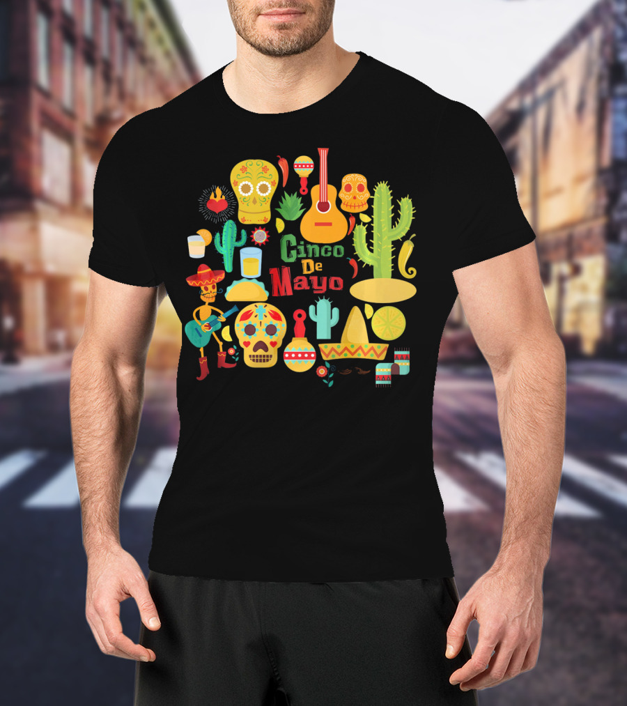 Cinco De Mayo Cactus Skull Sombrero Guitar Festivity T-Shirt