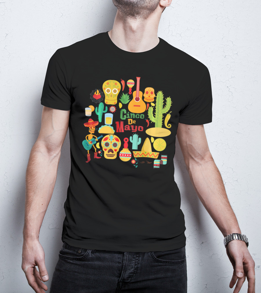 Cinco De Mayo Cactus Skull Sombrero Guitar Festivity T-Shirt