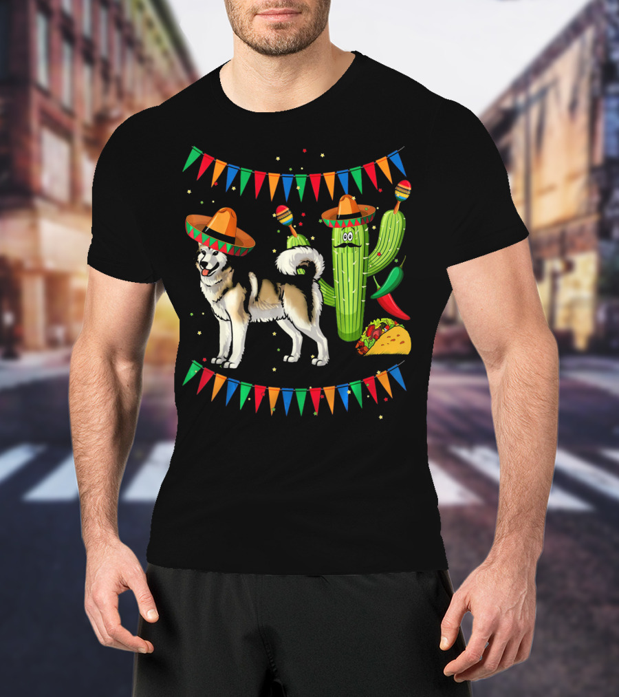 Sombrero Alaskan Malamute Dog With Cactus And Mexican Fiesta Elements T-Shirt