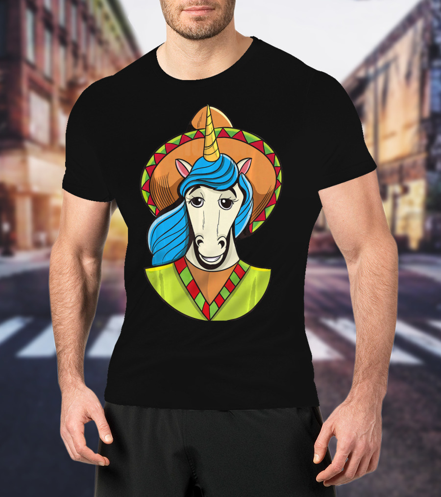 Hispanic Unicorn In Sombrero With Colorful Mane For Cinco T-Shirt
