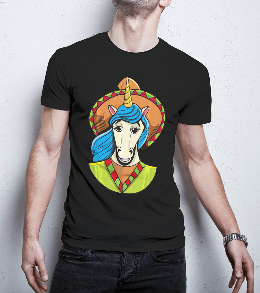 Hispanic Unicorn In Sombrero With Colorful Mane For Cinco T-Shirt