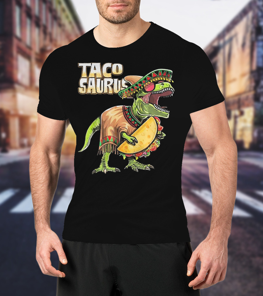 Tacosaurus Dinosaur Wearing Sombrero And Serape Holding Taco T-Shirt