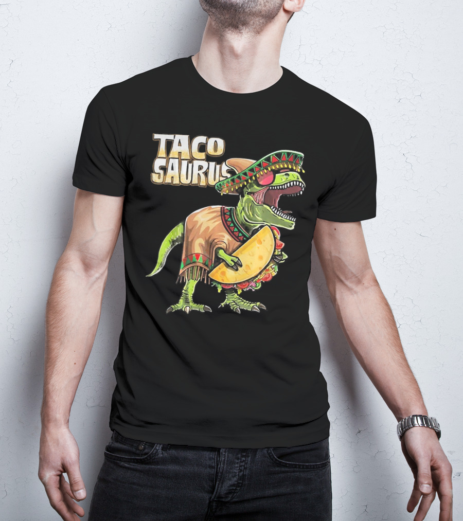 Tacosaurus Dinosaur Wearing Sombrero And Serape Holding Taco T-Shirt