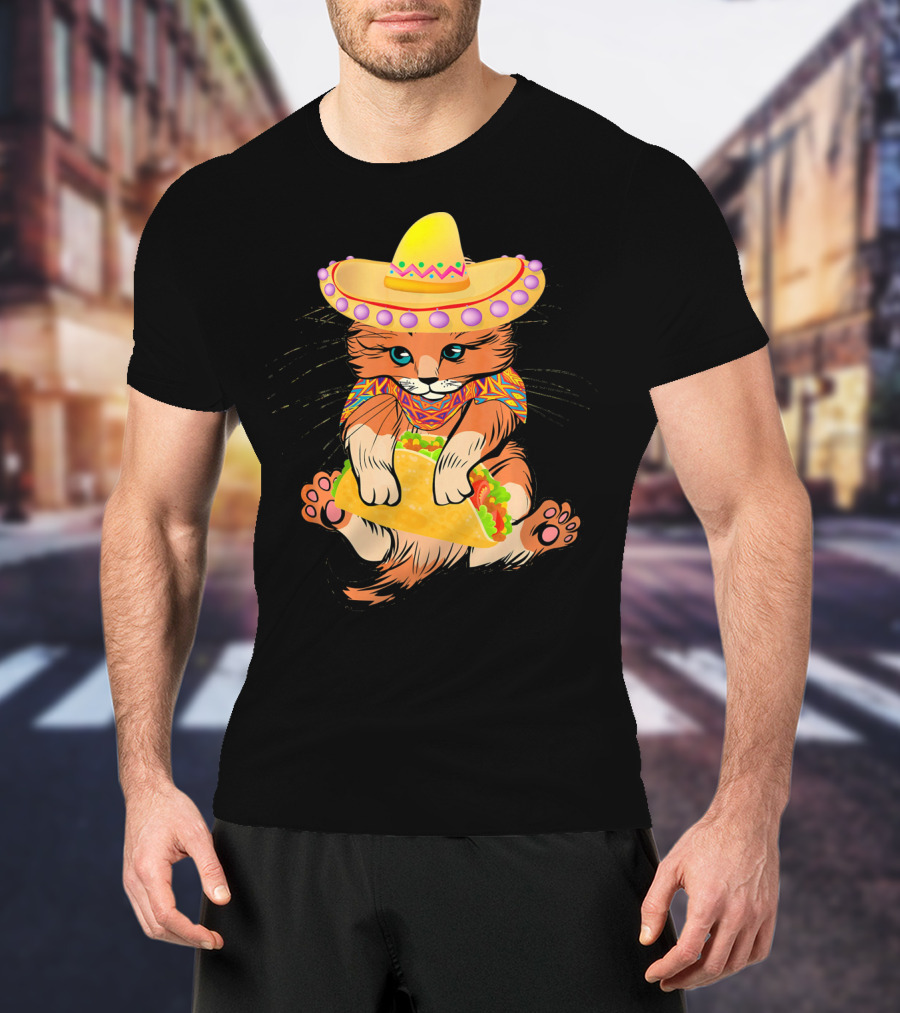 Cinco De Mayo Funny Cat In Sombrero Holding Taco T-Shirt