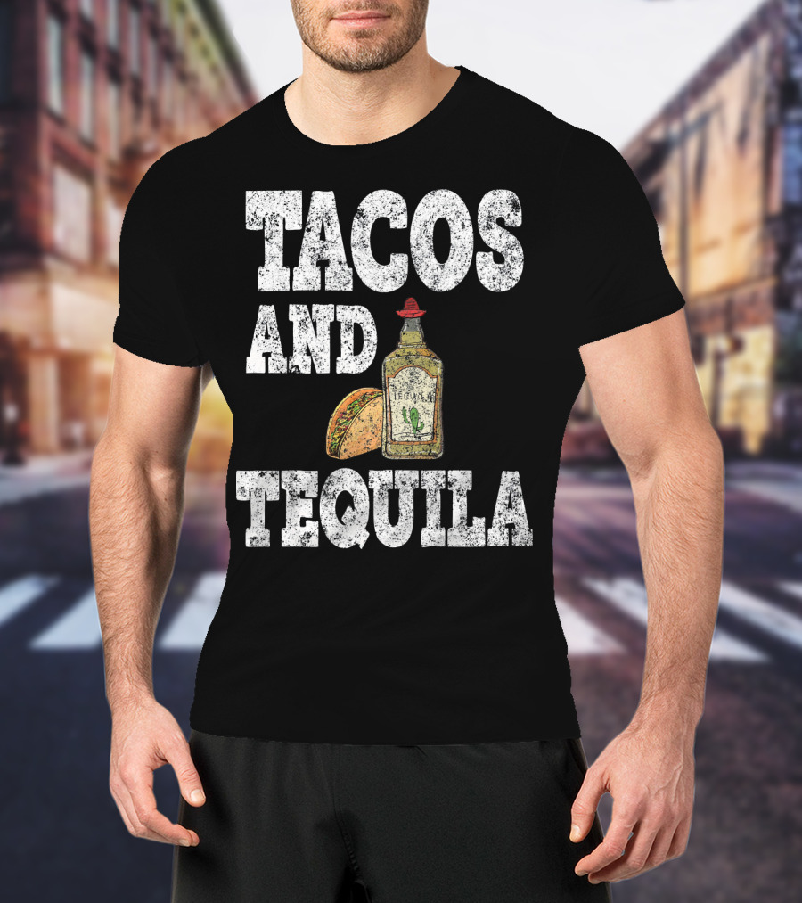 Tacos And Tequila With Bottle And Sombrero For Cinco De Mayo T-Shirt