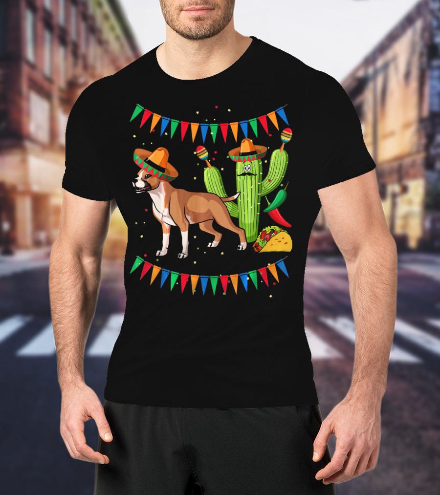 Cinco Sombrero Staffordshire Terrier Dog With Festive Cactus And Taco T-Shirt
