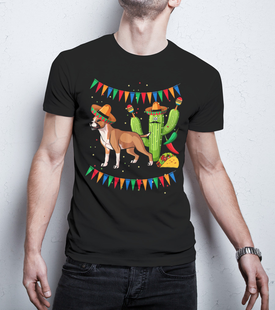 Cinco Sombrero Staffordshire Terrier Dog With Festive Cactus And Taco T-Shirt