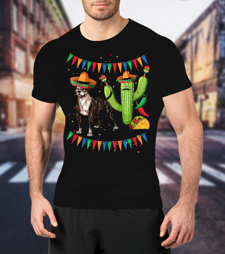Sombrero American Bulldog Dog Mexico Cactus Chili Taco Fiesta T-Shirt