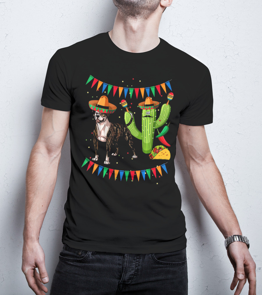 Sombrero American Bulldog Dog Mexico Cactus Chili Taco Fiesta T-Shirt