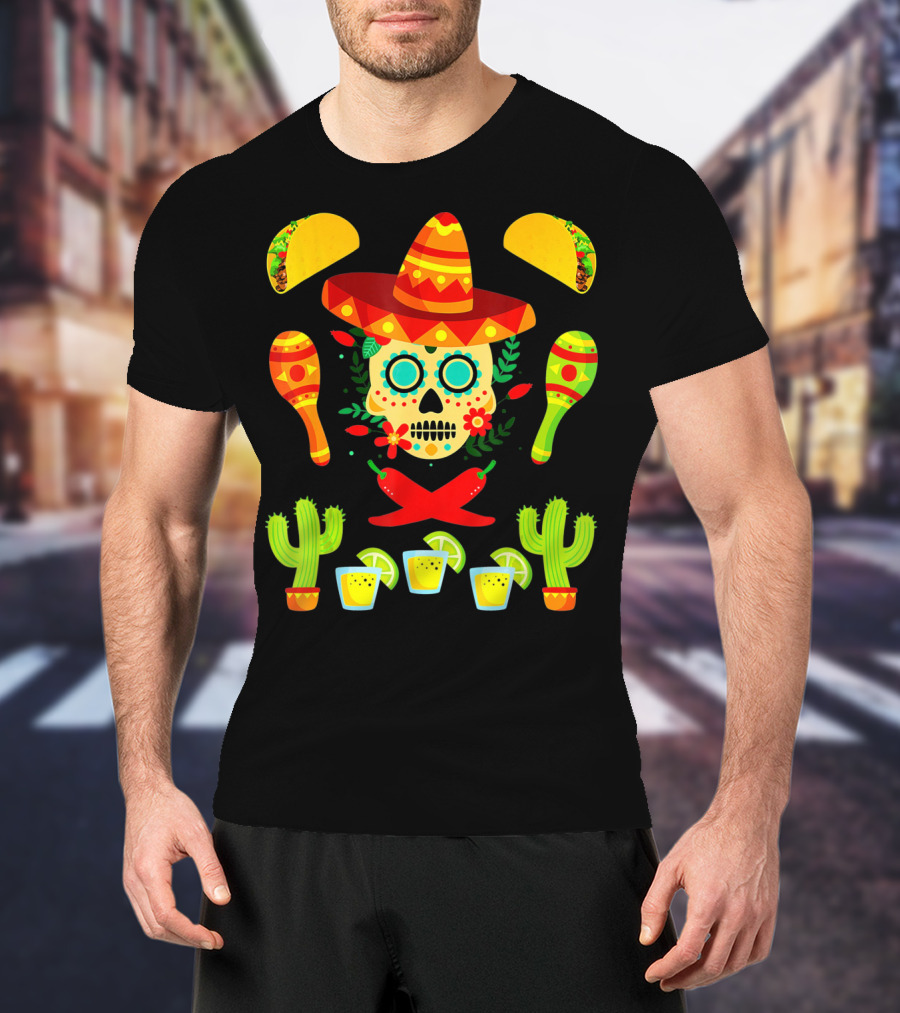 Festive Cinco De Mayo Sombrero Skull With Tacos And Maracas T-Shirt