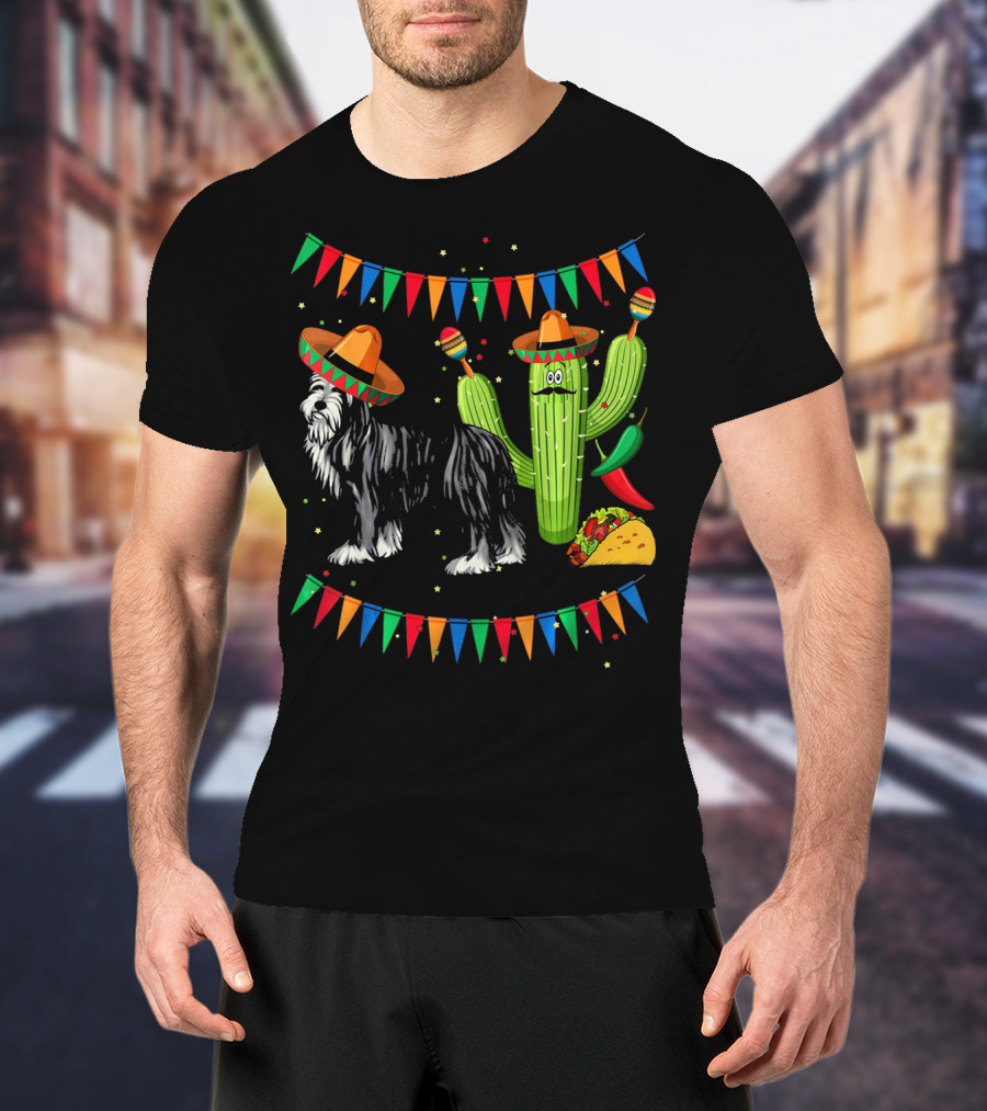 Sombrero Bearded Collie Dog Cactus Fiesta Mexico Cinco De Mayo Flags Taco Maracas T-Shirt