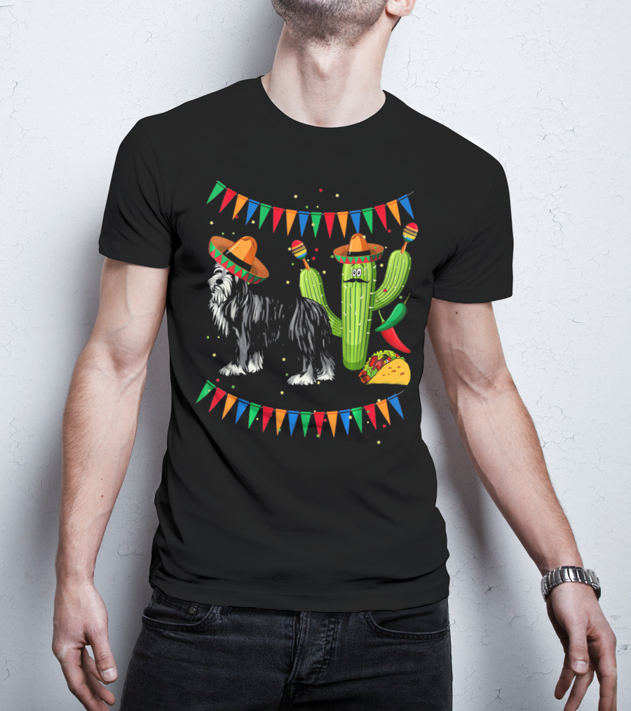Sombrero Bearded Collie Dog Cactus Fiesta Mexico Cinco De Mayo Flags Taco Maracas T-Shirt