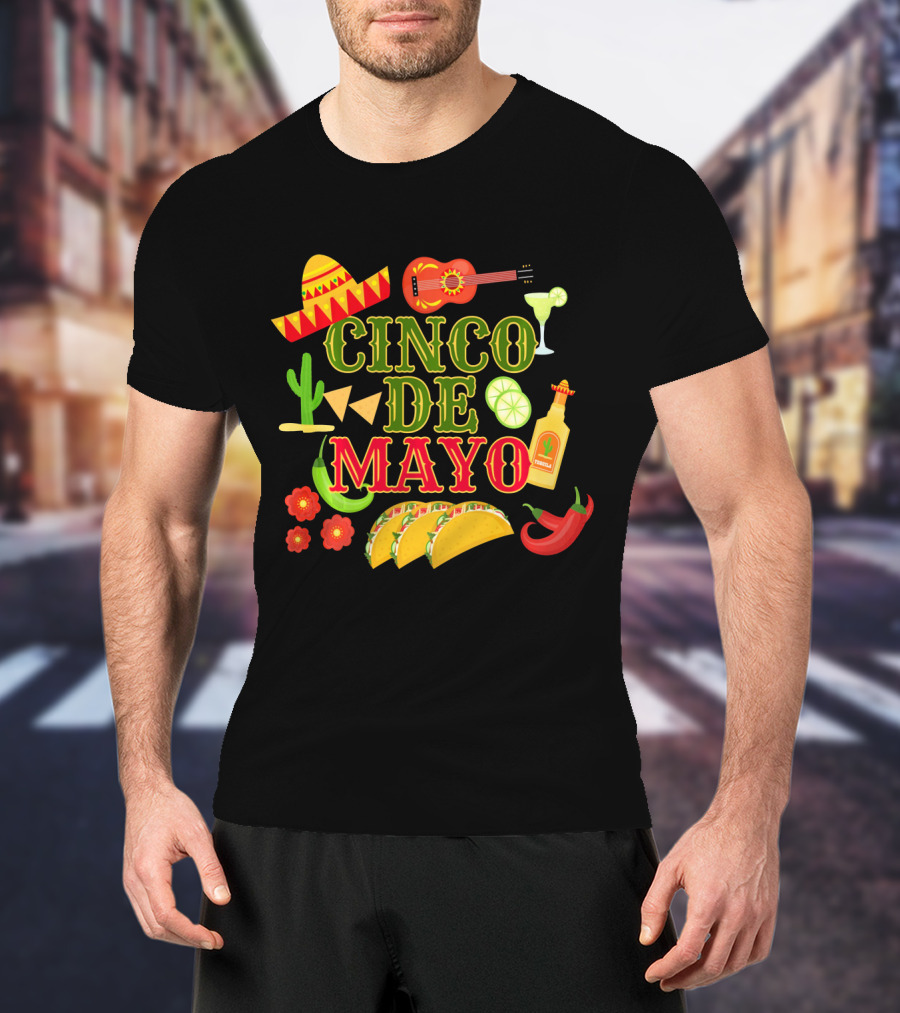 Cinco De Mayo Party Sombrero Guitar Margarita Hot Sauce Tacos Peppers T-Shirt