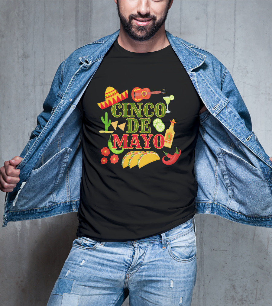 Cinco De Mayo Party Sombrero Guitar Margarita Hot Sauce Tacos Peppers T-Shirt