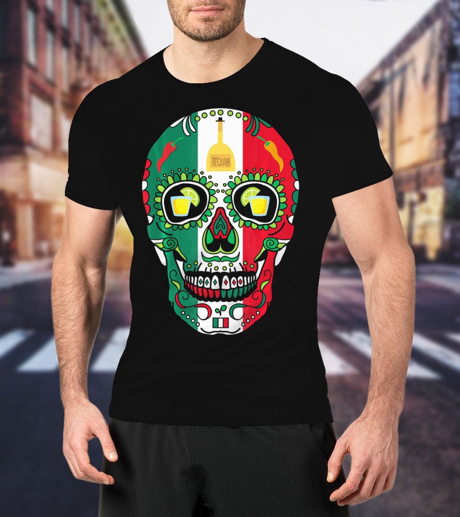 Mexican Cinco De Mayo Tequila Skull With Flag Colors And Chili Peppers T-Shirt