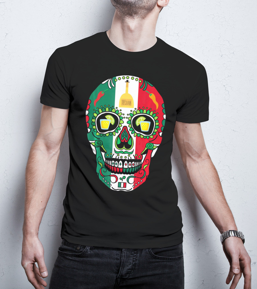 Mexican Cinco De Mayo Tequila Skull With Flag Colors And Chili Peppers T-Shirt