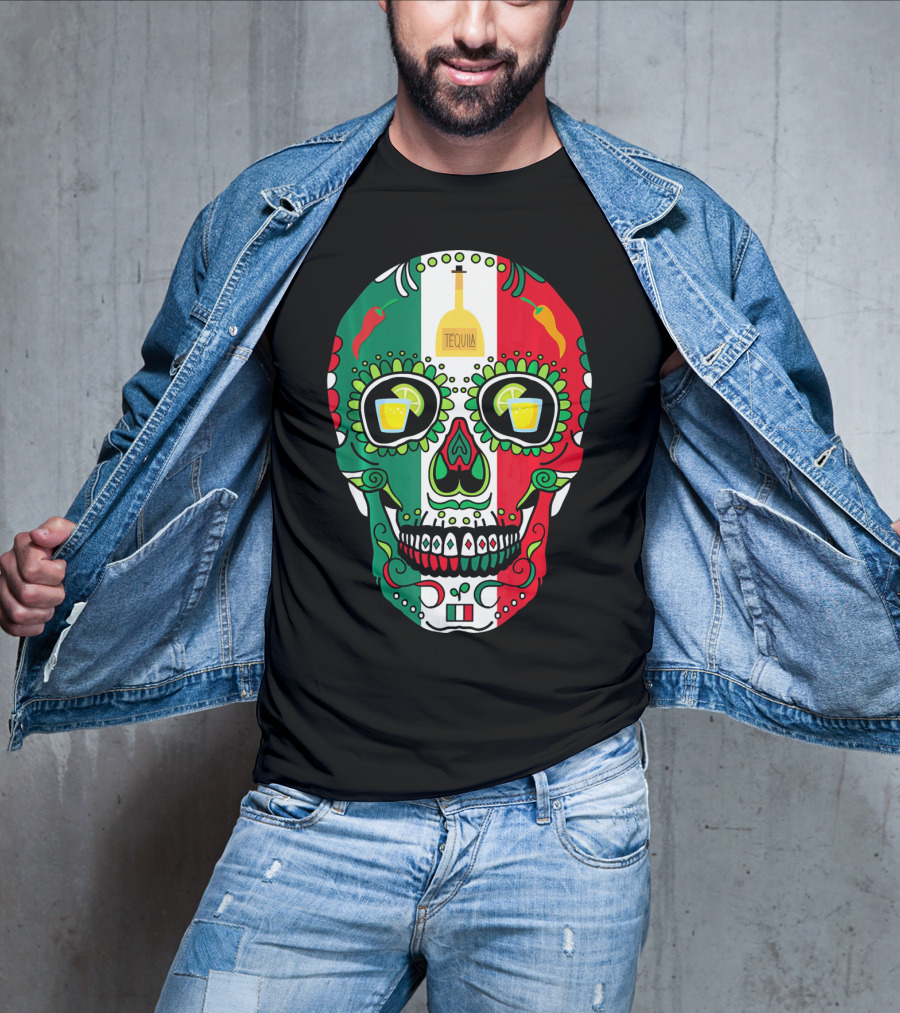 Mexican Cinco De Mayo Tequila Skull With Flag Colors And Chili Peppers T-Shirt