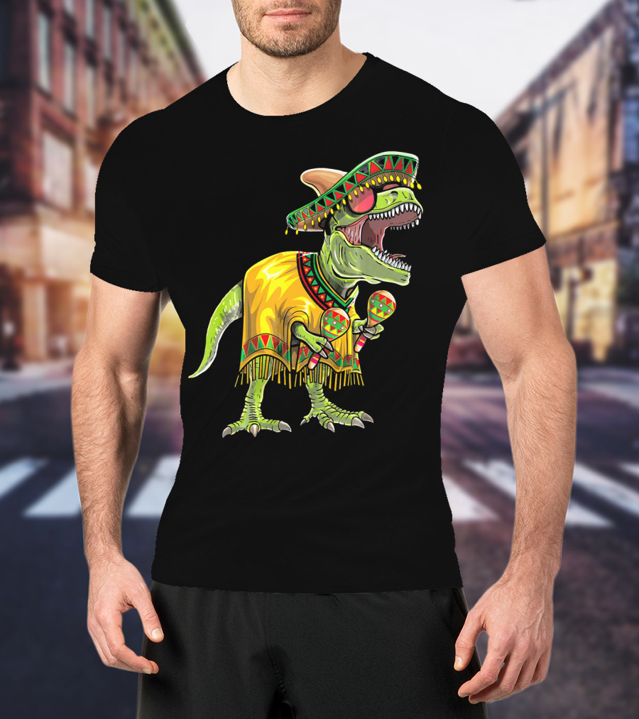 Cinco De Mayo Dinosaur Sombrero Maracas Poncho Fiesta T-Shirt