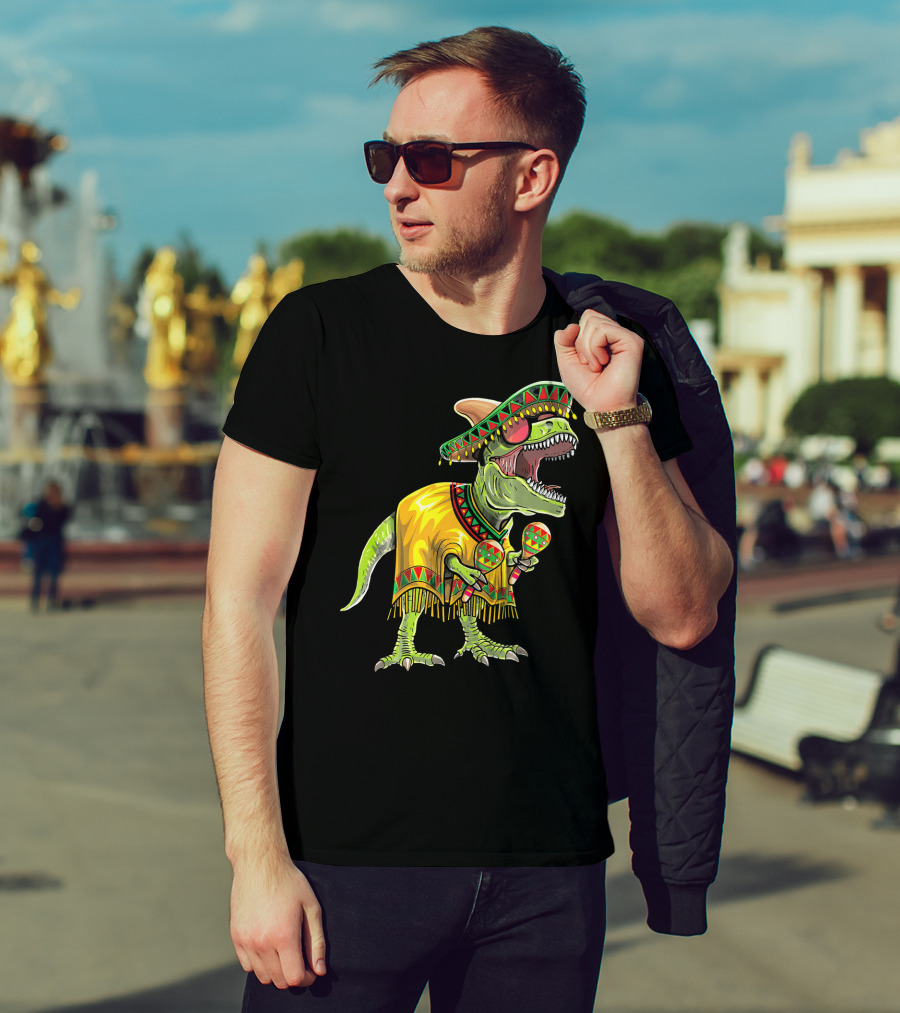 Cinco De Mayo Dinosaur Sombrero Maracas Poncho Fiesta T-Shirt