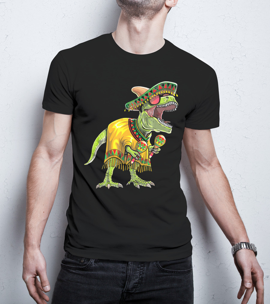 Cinco De Mayo Dinosaur Sombrero Maracas Poncho Fiesta T-Shirt