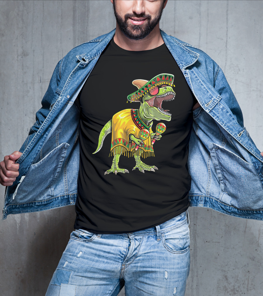 Cinco De Mayo Dinosaur Sombrero Maracas Poncho Fiesta T-Shirt