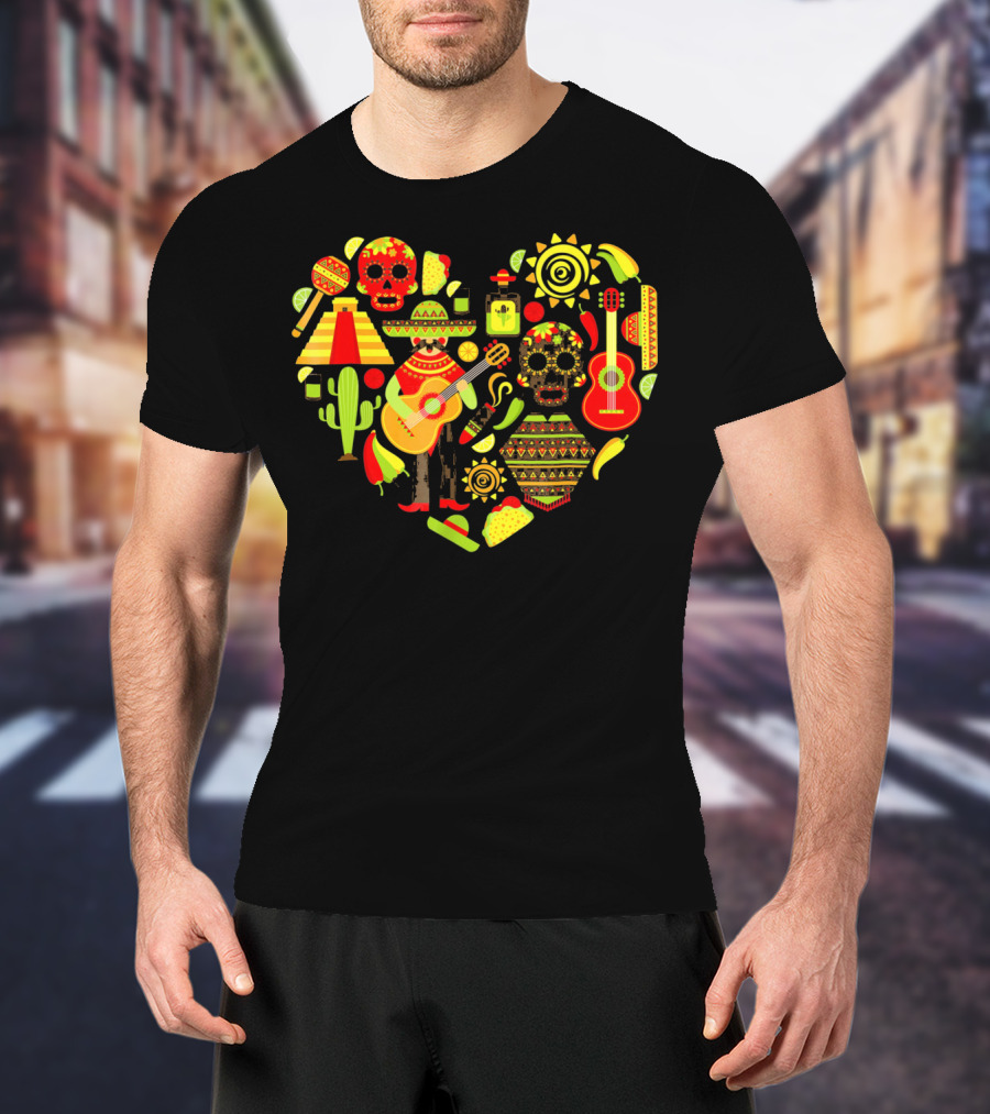 Cinco De Mayo Love Skull Guitar Cactus Sombrero Heart T-Shirt