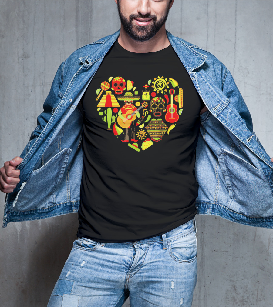 Cinco De Mayo Love Skull Guitar Cactus Sombrero Heart T-Shirt