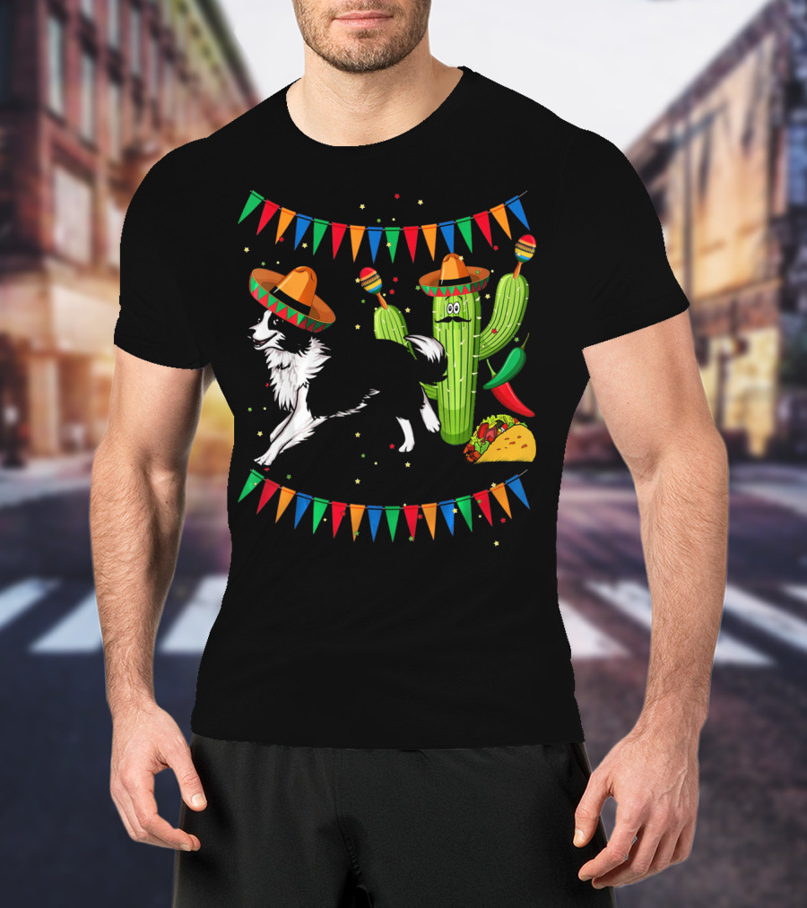 Sombrero Border Collie Dog Cactus Taco Mexico Cinco T-Shirt