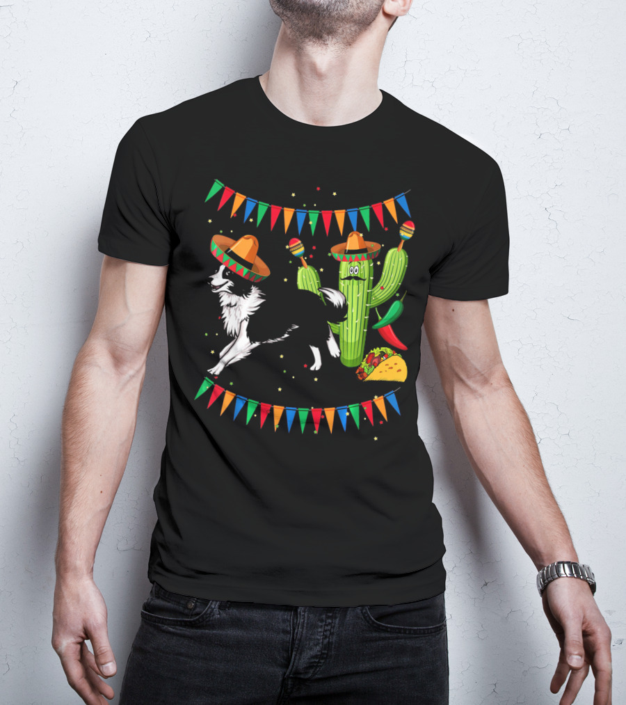 Sombrero Border Collie Dog Cactus Taco Mexico Cinco T-Shirt