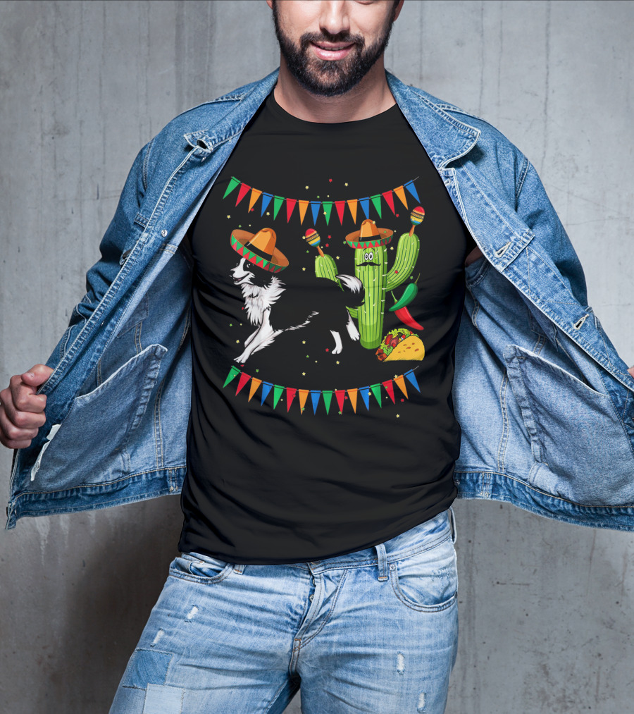 Sombrero Border Collie Dog Cactus Taco Mexico Cinco T-Shirt
