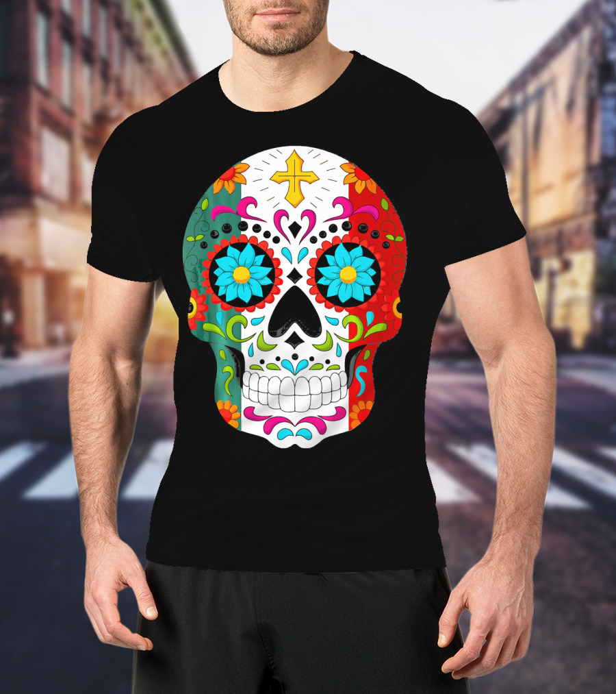Day Of The Dead Sugar Skull Cinco De Mayo Mexican Flag Colors T-Shirt