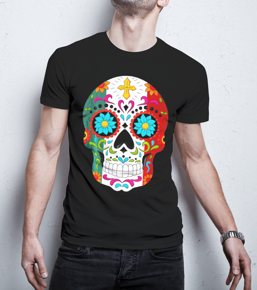 Day Of The Dead Sugar Skull Cinco De Mayo Mexican Flag Colors T-Shirt