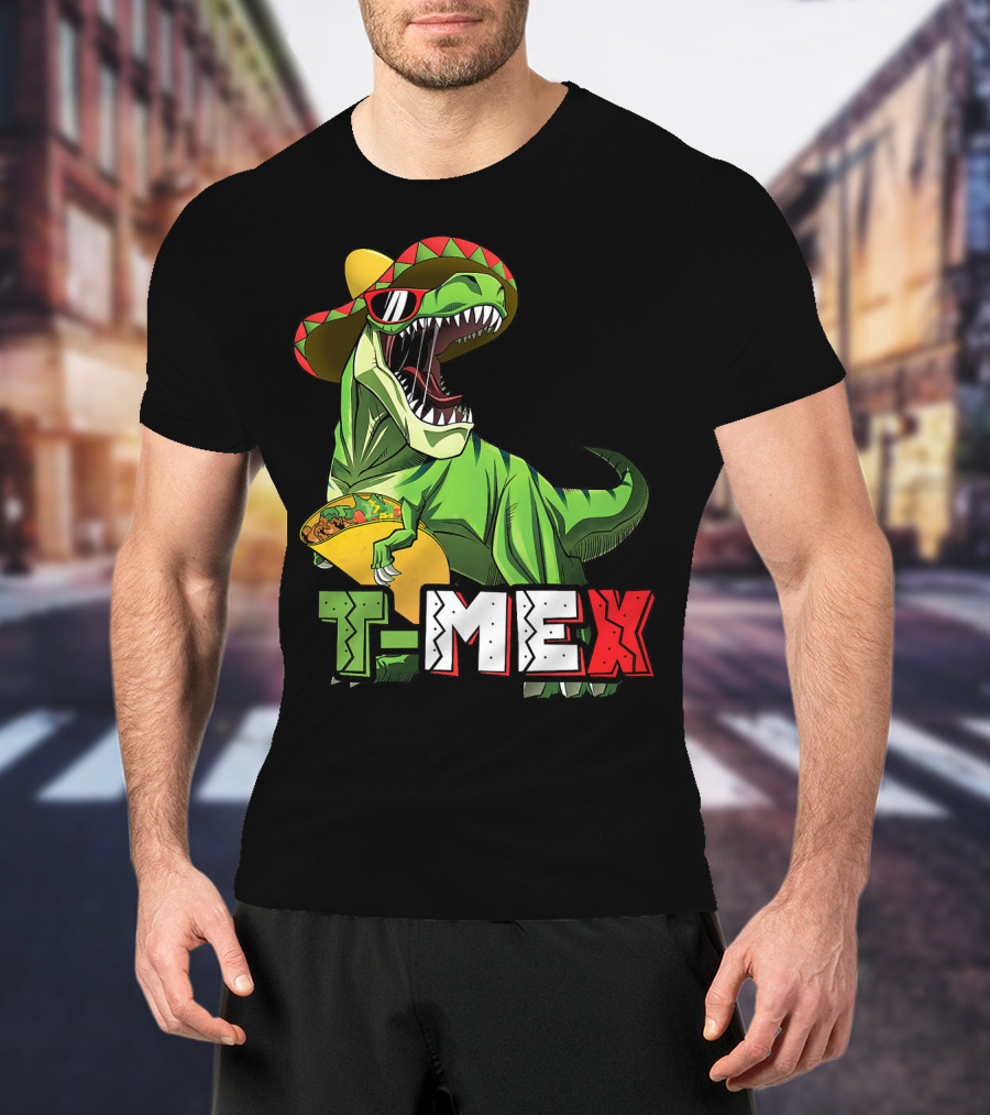 T-Mex Dinosaur Taco Holding Sombrero Sunglasses Kids Taco Tuesday Cinco T-Shirt