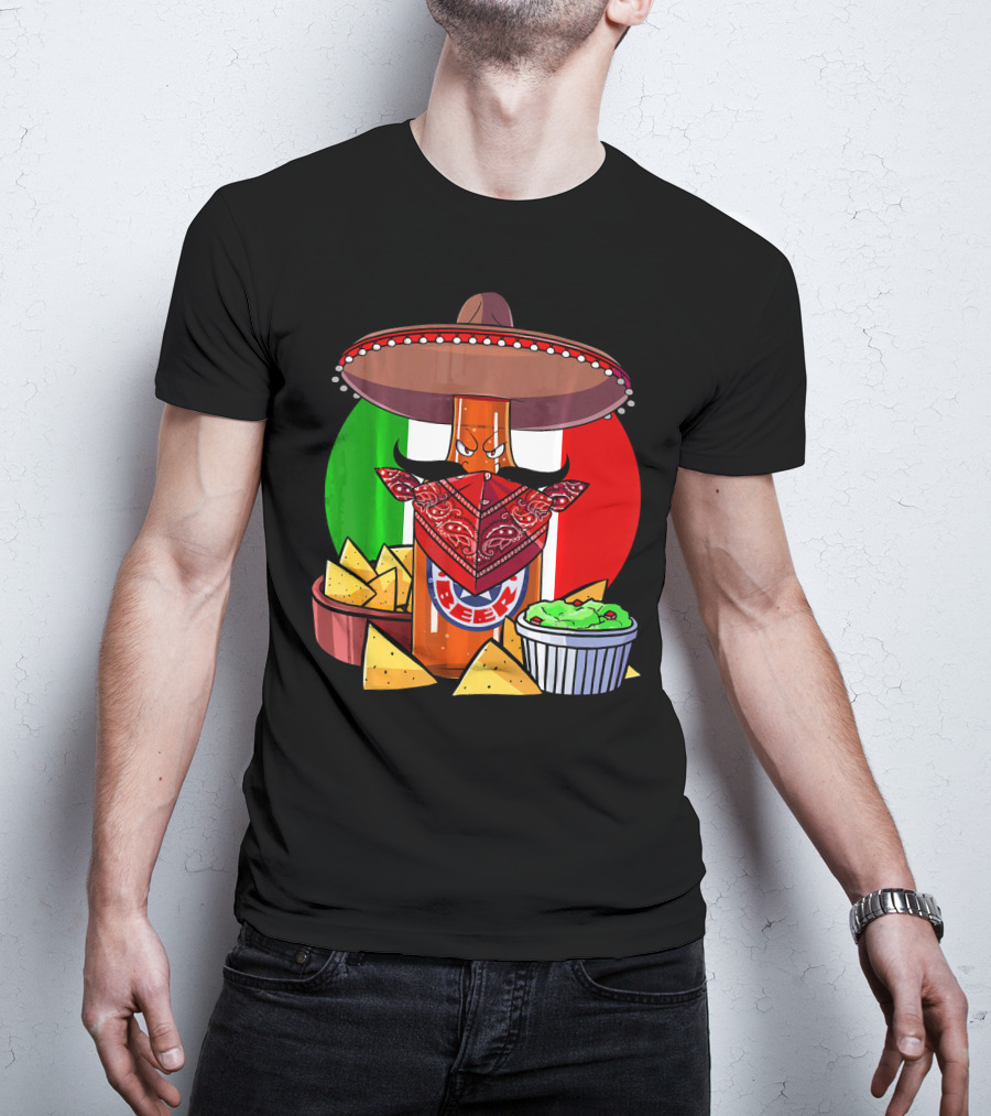Funny Cinco De Mayo Beer Bottle With Sombrero And Guacamole Fiesta Napkin Bandana T-Shirt