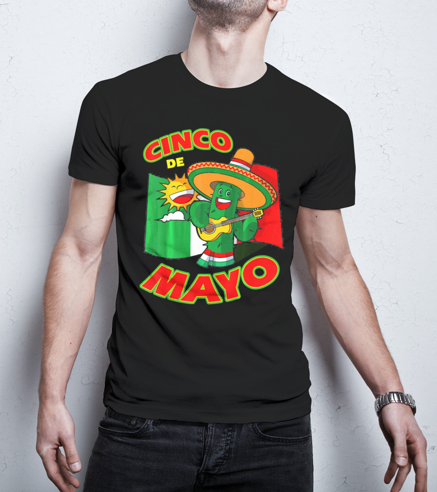 Cinco De Mayo Fiesta Cactus Sombrero Guitar Mexican Flag T-Shirt