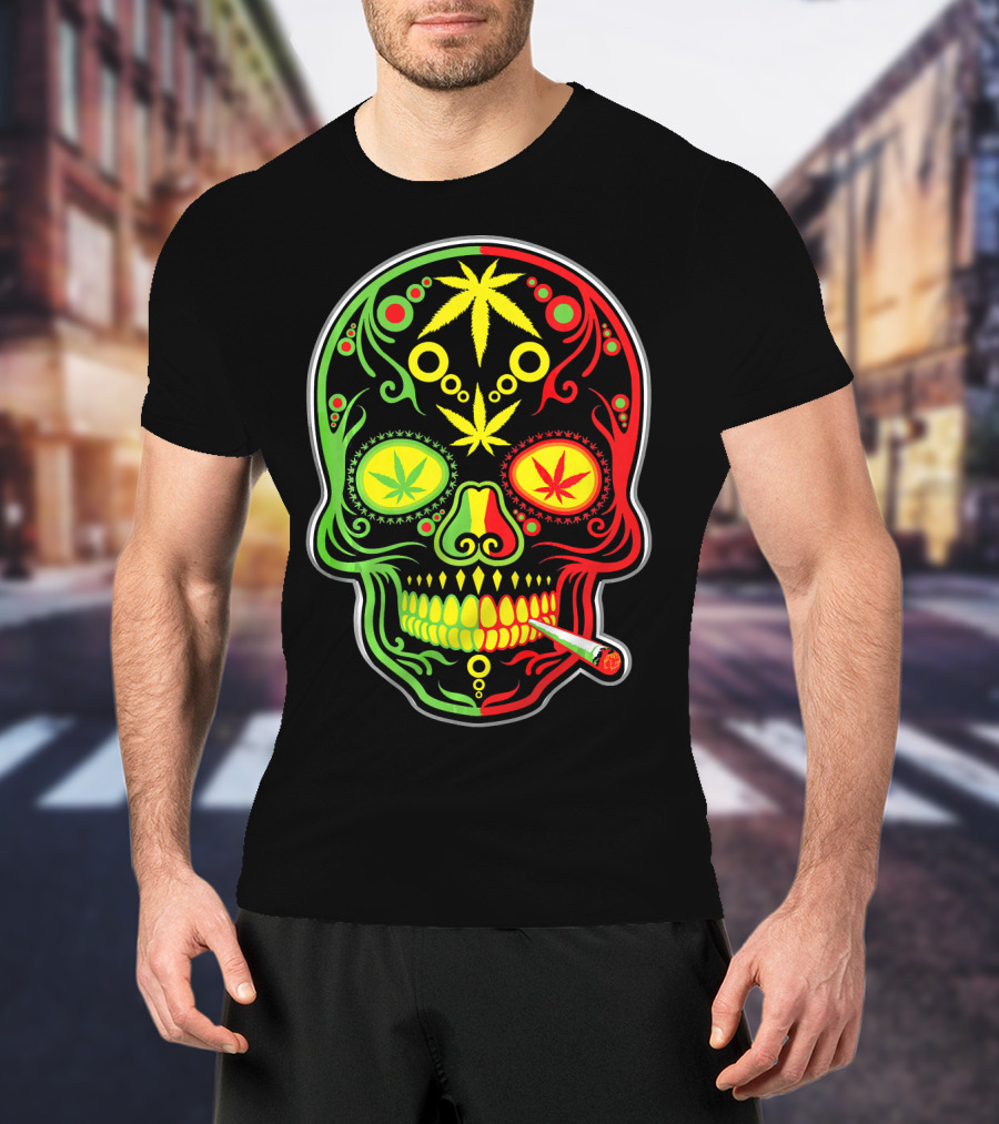 Weed Sugar Skull Marijuana Canna Rasta Colors T-Shirt