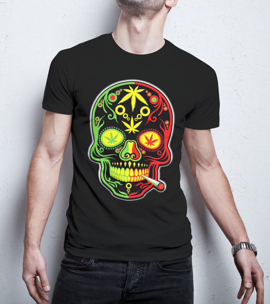 Weed Sugar Skull Marijuana Canna Rasta Colors T-Shirt
