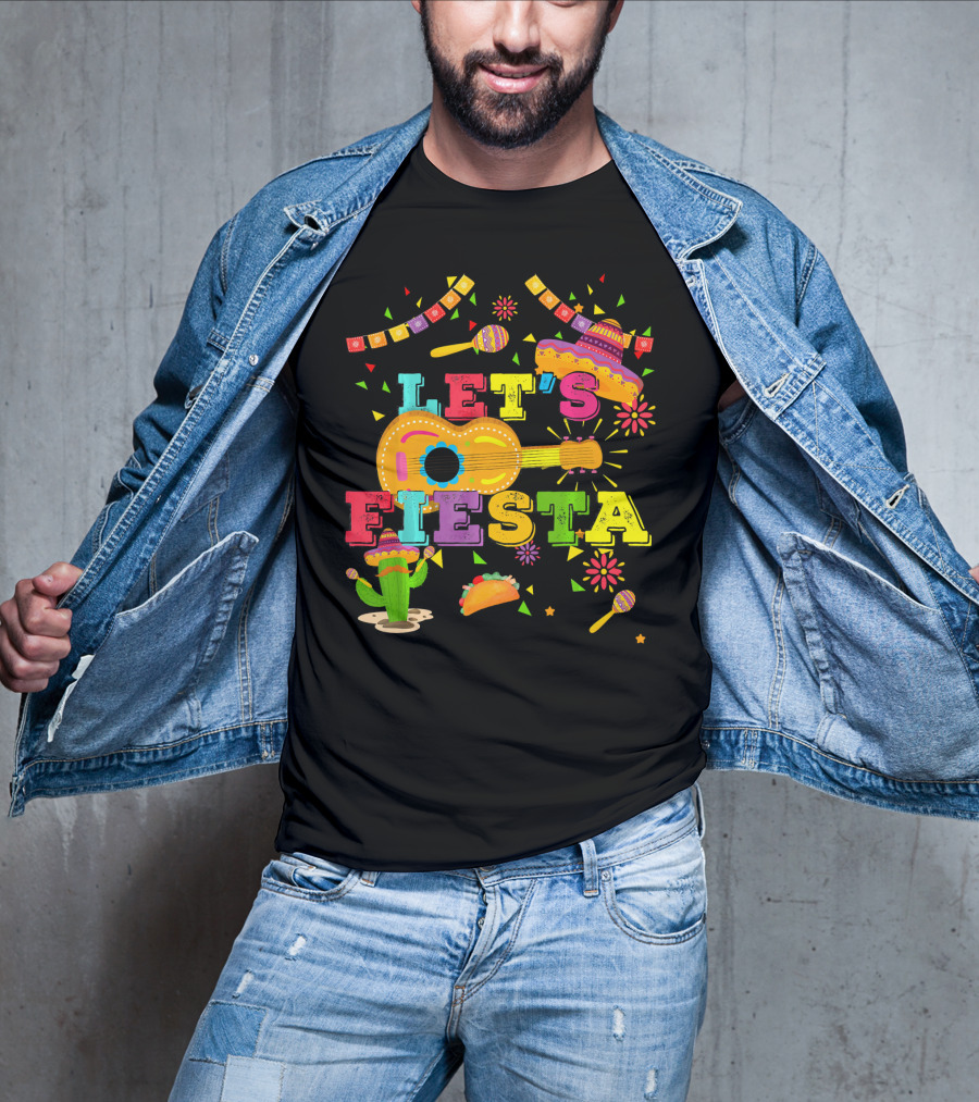 Let's Fiesta Cinco De Mayo Mexican Celebration Guitar Sombrero Maracas Taco Cactus Decorations T-Shirt